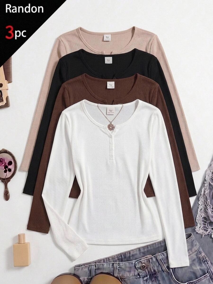 SHEIN Teen Girls Fall 3pcs Knit Tops, Black Brown White Long Sleeve Button Crew Neck T-Shirt Set, Back To School, Casual, Soft, Cozy, Basic, Daily, Simple - Multicolor - View 1