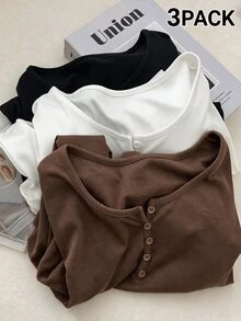 SHEIN 青少年女孩秋季 3 件組針織上衣，黑色棕色白色長袖鈕扣圓領 T 恤套裝，返校季，休閒，柔軟，舒適，基礎，日常，簡約 - 彩色 - 查看 4