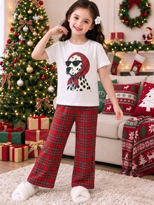 Tween Girl Dog Pattern Round Neck Short Sleeve T-Shirt And Red Plaid Long Pants Set - Red - View 10