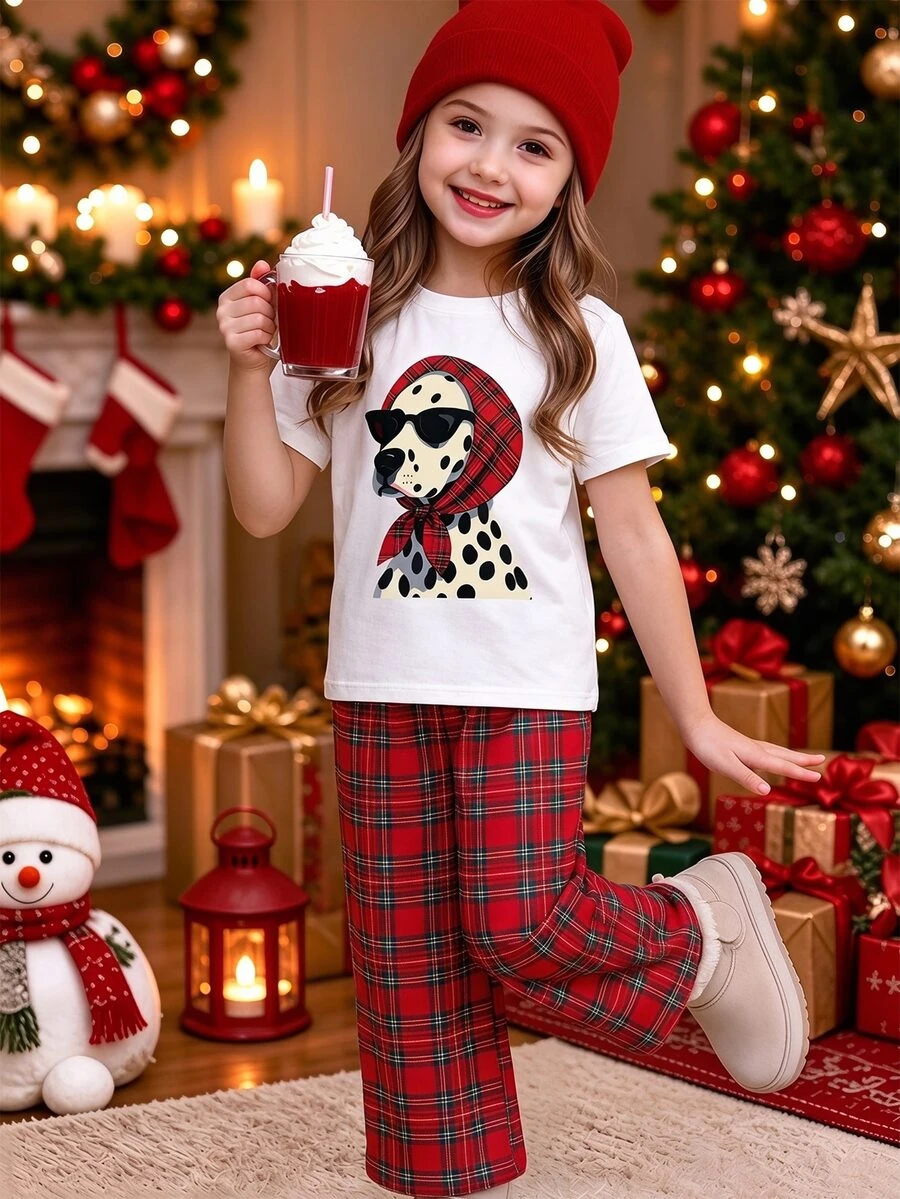 Tween Girl Dog Pattern Round Neck Short Sleeve T-Shirt And Red Plaid Long Pants Set - Red - View 1