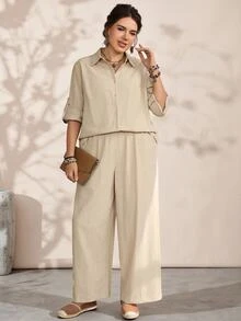 EMERY ROSE Plus Size Women's Fall Casual Country Bomber Lace Patchwork Back Design Shirt Pants 2 Pieces Set Pockets Vacation Beige Travel,Winter,Western-Style - Apricot - View 6