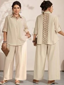 EMERY ROSE Plus Size Women's Fall Casual Country Bomber Lace Patchwork Back Design Shirt Pants 2 Pieces Set Pockets Vacation Beige Travel,Winter,Western-Style - Apricot - View 9