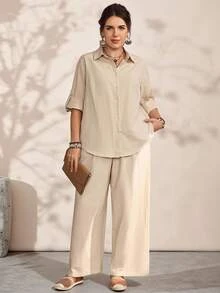 EMERY ROSE Plus Size Women's Fall Casual Country Bomber Lace Patchwork Back Design Shirt Pants 2 Pieces Set Pockets Vacation Beige Travel,Winter,Western-Style - Apricot - View 8