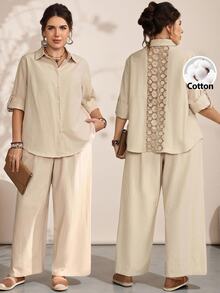 EMERY ROSE Plus Size Women's Fall Casual Country Bomber Lace Patchwork Back Design Shirt Pants 2 Pieces Set Pockets Vacation Beige Travel,Winter,Western-Style - Apricot - View 1