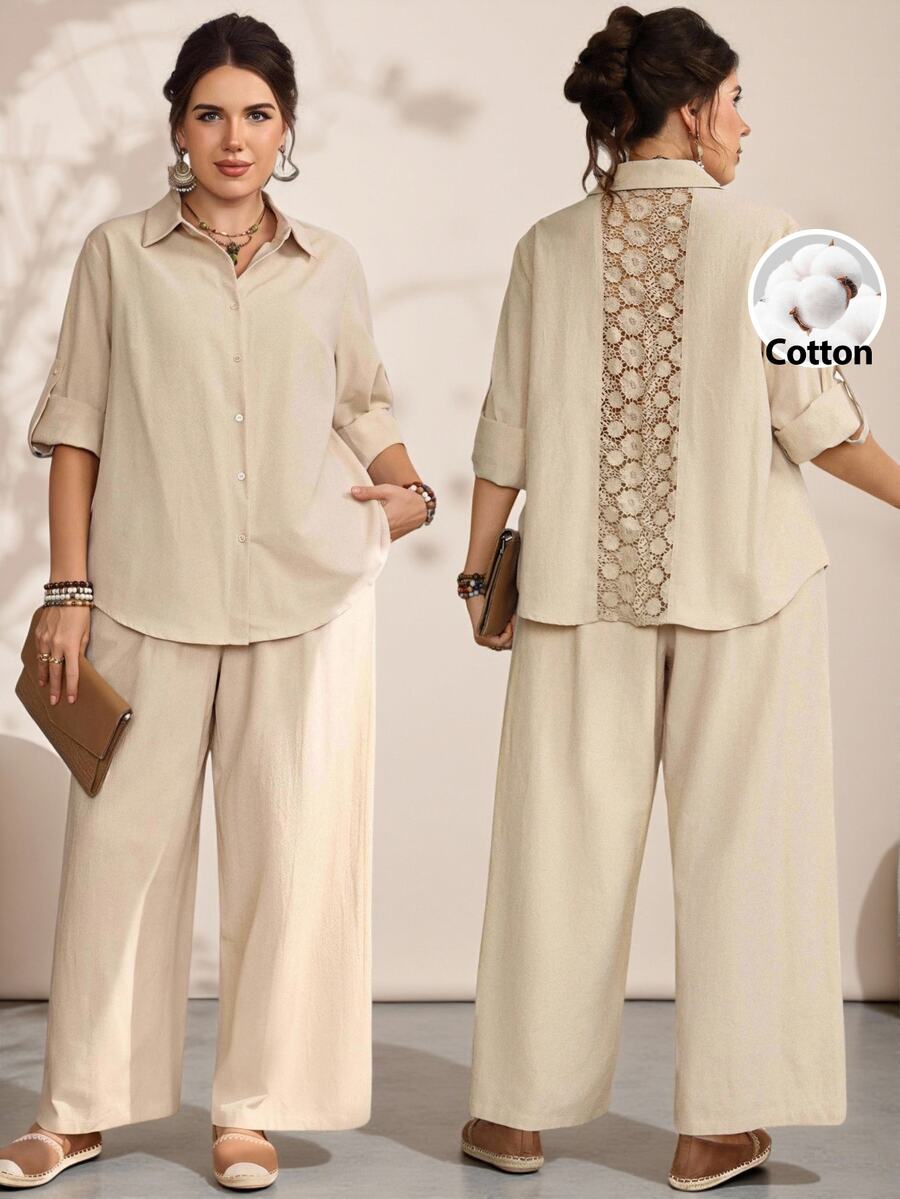 EMERY ROSE Plus Size Women's Fall Casual Country Bomber Lace Patchwork Back Design Shirt Pants 2 Pieces Set Pockets Vacation Beige Travel,Winter,Western-Style - Apricot - View 1