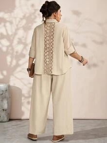 EMERY ROSE Plus Size Women's Fall Casual Country Bomber Lace Patchwork Back Design Shirt Pants 2 Pieces Set Pockets Vacation Beige Travel,Winter,Western-Style - Apricot - View 2