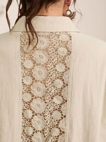 EMERY ROSE Plus Size Women's Fall Casual Country Bomber Lace Patchwork Back Design Shirt Pants 2 Pieces Set Pockets Vacation Beige Travel,Winter,Western-Style - Apricot - View 5
