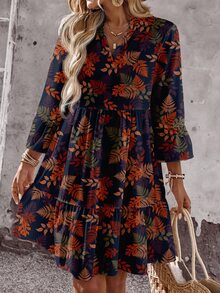 EMERY ROSE Casual Boho Floral Print Mini Dress For Women, Retro Flower Pattern, Suitable For Autumn Chic Vacation Navy Blue Floral - Multicolor - View 5