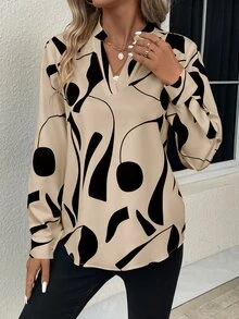 EMERY ROSE بلوزة بياقة متقطعة مطبوعة جرافيك، توب بأكمام طويلة - كاكي - مشاهدة 4