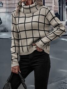 EMERY ROSE Suéter de gola alta com estampa xadrez, blusa de manga comprida em tricô para outono e inverno. - Damasco - Ver 5