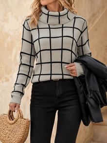 EMERY ROSE Suéter de gola alta com estampa xadrez, blusa de manga comprida em tricô para outono e inverno. - Damasco - Ver 1