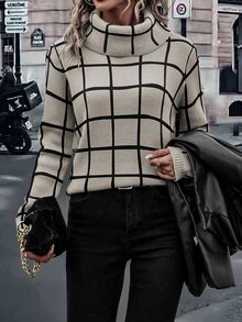 EMERY ROSE Suéter de gola alta com estampa xadrez, blusa de manga comprida em tricô para outono e inverno. - Damasco - Ver 3