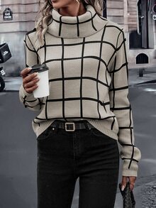 EMERY ROSE Suéter de gola alta com estampa xadrez, blusa de manga comprida em tricô para outono e inverno. - Damasco - Ver 7