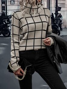 EMERY ROSE Suéter de gola alta com estampa xadrez, blusa de manga comprida em tricô para outono e inverno. - Damasco - Ver 4