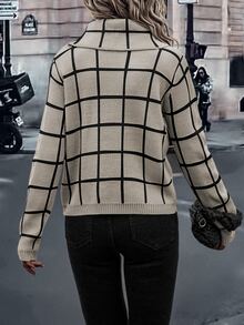 EMERY ROSE Suéter de gola alta com estampa xadrez, blusa de manga comprida em tricô para outono e inverno. - Damasco - Ver 2