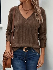 SHEIN LUNE Women's Solid Color V-Neck Casual Daily Long Sleeve T-Shirt - Coffee Brown - View 4