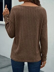 SHEIN LUNE Women's Solid Color V-Neck Casual Daily Long Sleeve T-Shirt - Coffee Brown - View 2