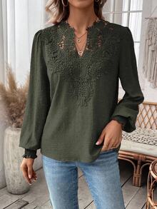 EMERY ROSE Women's Embroidered Collar Decor Lantern Sleeve Long Sleeve Elegant Formal Casual Blouse Fall Cloth For Women - Army Green - View 5