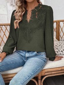 EMERY ROSE Women's Embroidered Collar Decor Lantern Sleeve Long Sleeve Elegant Formal Casual Blouse Fall Cloth For Women - Army Green - View 8