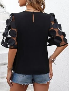 EMERY ROSE Contrast Mesh Appliques Puff Sleeve Blouse - Black - View 2