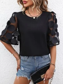 EMERY ROSE Contrast Mesh Appliques Puff Sleeve Blouse - Black - View 4