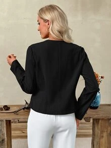 SHEIN LUNE جاكيت بليزر نسائي بلون موحد بقصة ضيقة مزدوجة الصدر للمكتب والعمل والملابس الكاجوال الذكية والملابس الكاجوال الأنيقة باللون الأسود لفصل الخريف - الأسود - مشاهدة 2