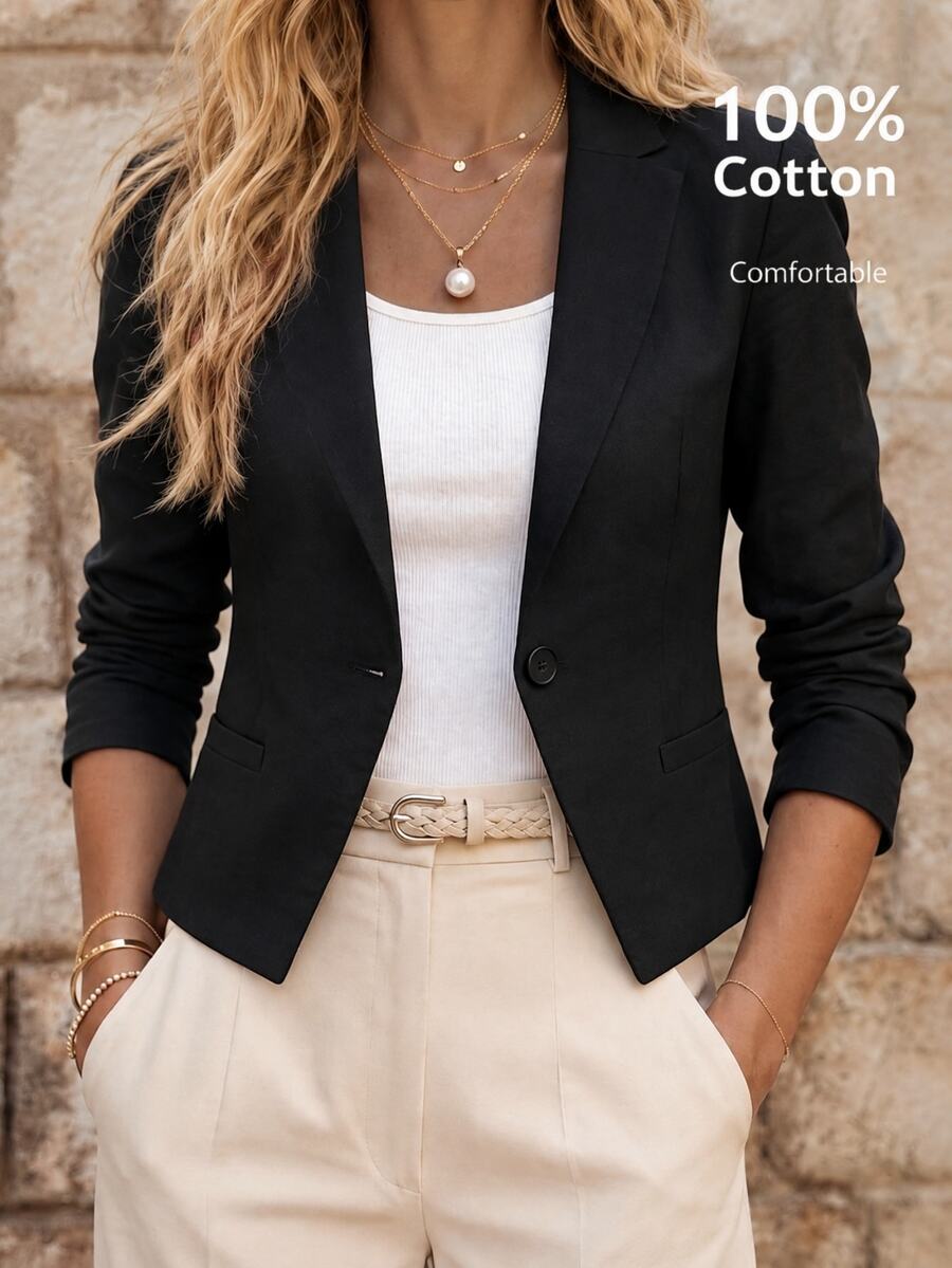 SHEIN LUNE جاكيت بليزر نسائي بلون موحد بقصة ضيقة مزدوجة الصدر للمكتب والعمل والملابس الكاجوال الذكية والملابس الكاجوال الأنيقة باللون الأسود لفصل الخريف - الأسود - مشاهدة 1