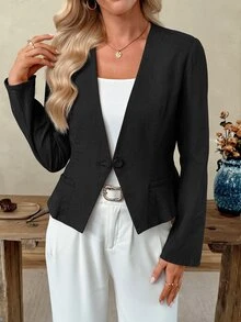 SHEIN LUNE جاكيت بليزر نسائي بلون موحد بقصة ضيقة مزدوجة الصدر للمكتب والعمل والملابس الكاجوال الذكية والملابس الكاجوال الأنيقة باللون الأسود لفصل الخريف - الأسود - مشاهدة 6