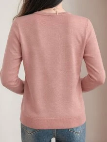 EMERY ROSE Women's V-Neck Pullover Sweater, White Top Knit Pullover Fall Winter Sweater - Pink - View 2