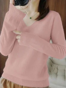 EMERY ROSE Women's V-Neck Pullover Sweater, White Top Knit Pullover Fall Winter Sweater - Pink - View 5