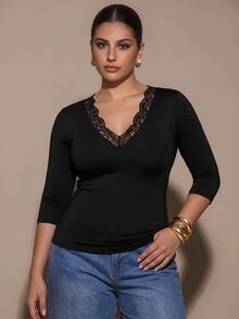 SHEIN BAE CURVE Plus Size Women's Black Mid-Sleeve Lace Top, Women's Solid Color Deep V-Neck Ruched Fitted Versatile Casual Daily T-Shirt,Basics,Halloween, Christmas - Black - View 2