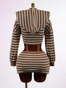Dewbera Dewbera Women's Striped Long Sleeve Zip-Up Cropped Hoodie And Skort Casual 2 Pieces Set - Multicolor - View 2