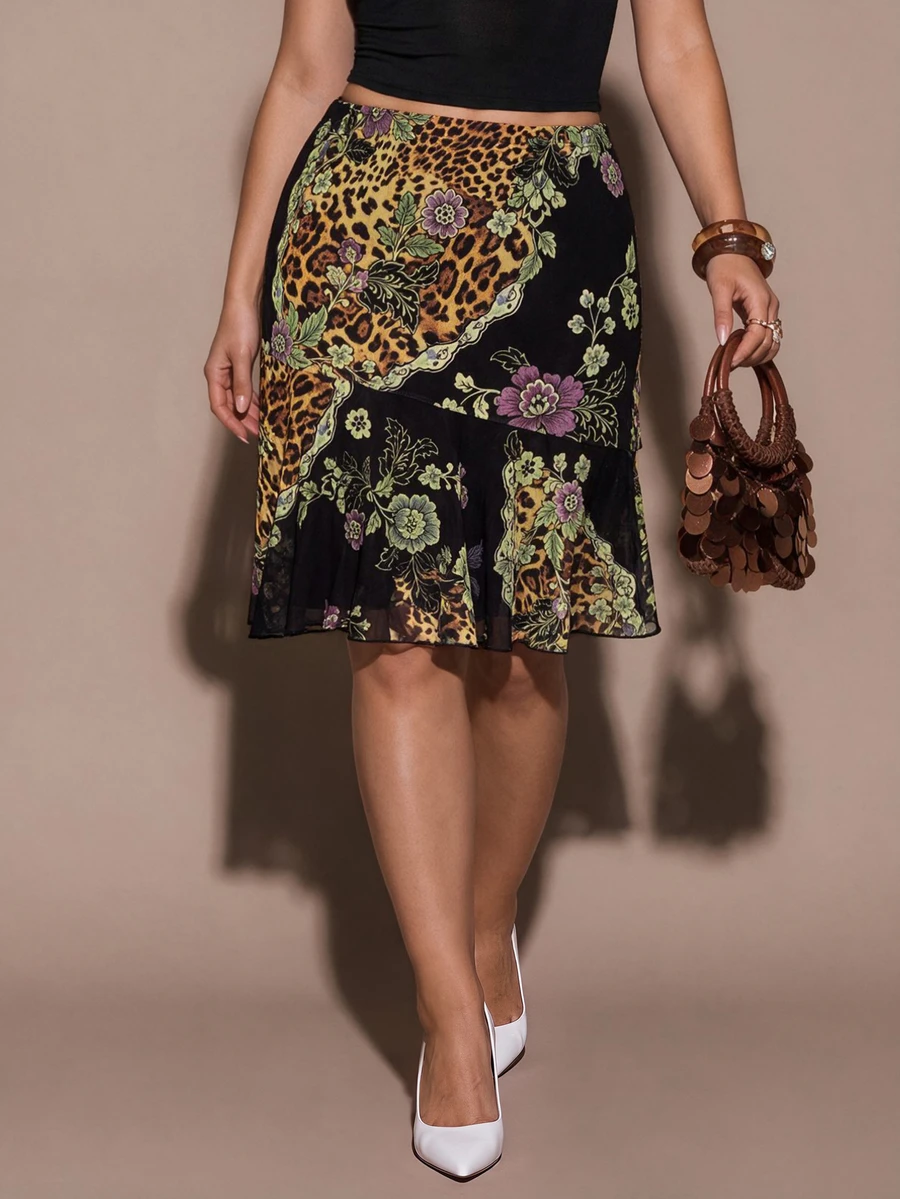SHEIN BAE CURVE Plus Size Women's Leopard Print Multicolor Skirt, Elegant Mid-Length Skirt,Halloween, Christmas, Elegant, Sexy - Multicolor - View 1