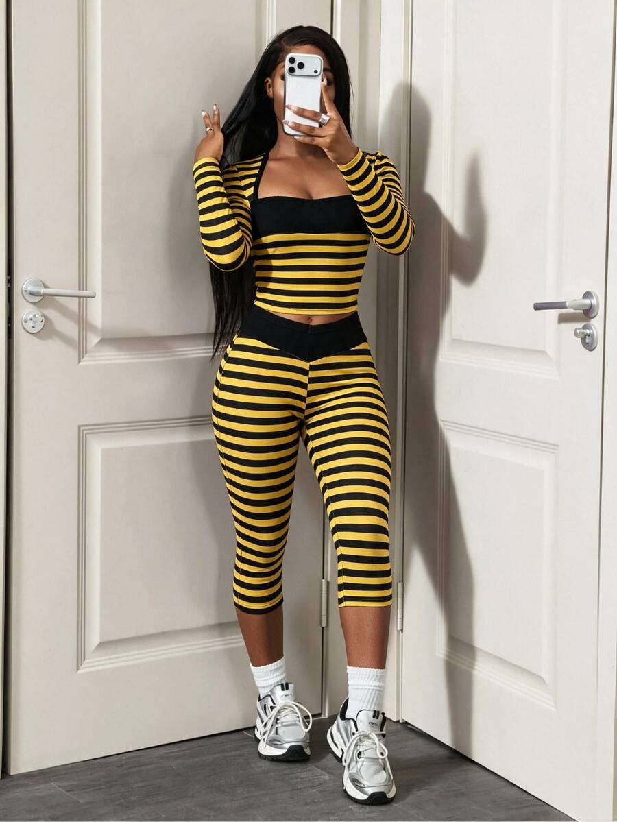 Core Rhythm Core Rhythm Women's Striped Long Sleeve Top And Leggings Casual Daily 2 Pieces Set - Multicolor - View 1