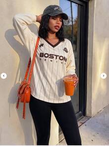 Core Rhythm Core Rhythm Athleisure Striped Print Slogan Washed Style Loose Raglan Crew Top Autumn Winter Fall City Cool Girl Cute Back To School Park Avenue - Multicolor - View 1