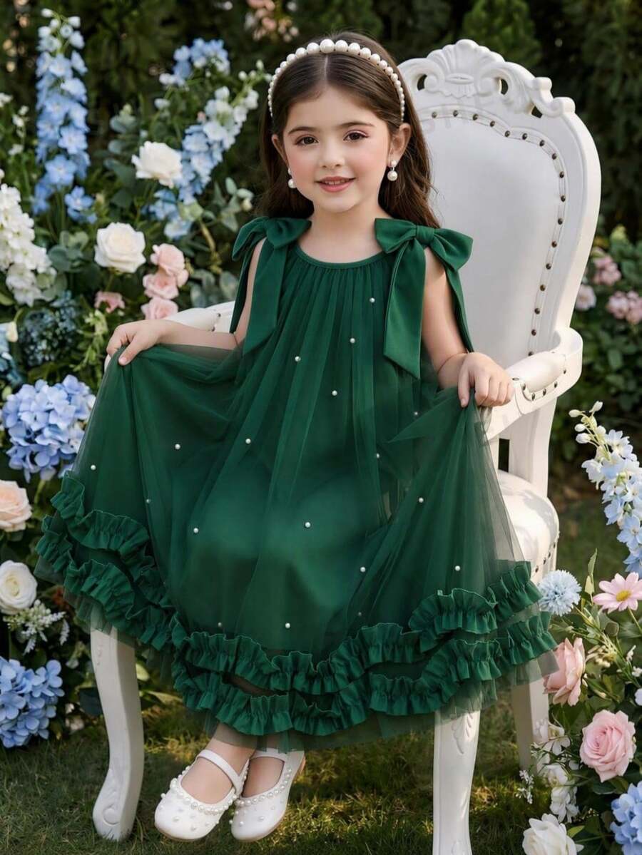 SHEIN Girls Light Teal Mesh Pearl Dress,Summer Flower Girl Princess Chiffon Dress With Large Bow,Ruffle Hem For Birthday Party,Piano Recital,Elegant Style - Green - View 1