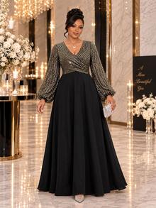 Fleurora Plus Size V-Neck Long Sleeve Ruched High Waist A-Line Dress Fall New Year Wedding Party Cocktail Formal Black And Gold Casual Elegant Christmas - Multicolor - View 1
