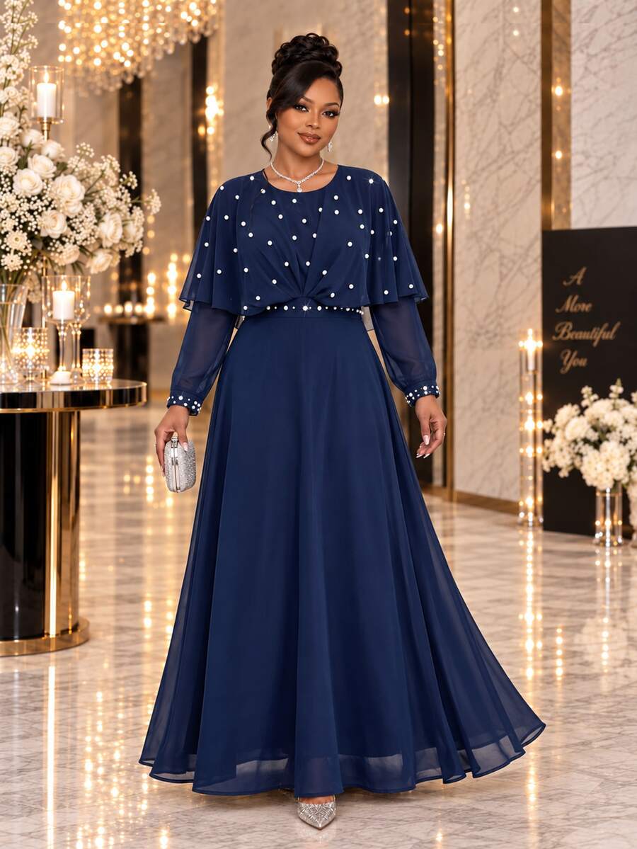 Fleurora Plus Size Women's Pearl Decor Long Sleeve Round Neck Ruffle Hem Dress Fall New Year Party Wedding Formal Elegant - Navy Blue - View 1