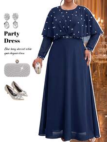 Fleurora Plus Size Women's Pearl Decor Long Sleeve Round Neck Ruffle Hem Dress Fall New Year Party Wedding Formal Elegant - Navy Blue - View 6