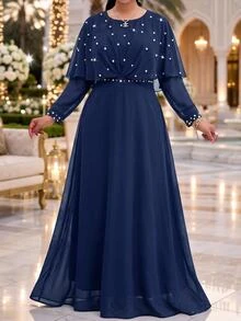 Fleurora Plus Size Women's Pearl Decor Long Sleeve Round Neck Ruffle Hem Dress Fall New Year Party Wedding Formal Elegant - Navy Blue - View 5