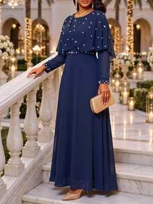 Fleurora Plus Size Women's Pearl Decor Long Sleeve Round Neck Ruffle Hem Dress Fall New Year Party Wedding Formal Elegant - Navy Blue - View 3