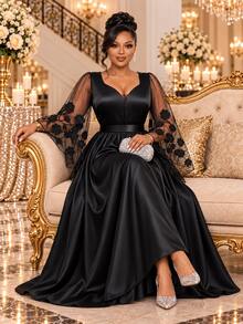 Fleurora Plus Size Women's Mesh Patchwork Pleated Romantic Sexy Goth Elegant Party Formal Dress Fall Black Evening Wedding Christmas Party Luxury Prom Dress - Black - View 1