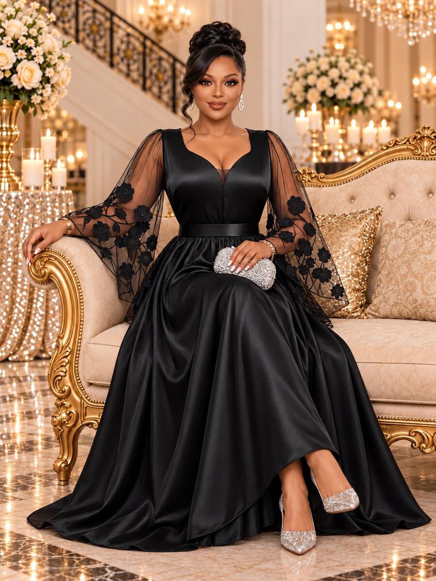 Fleurora Plus Size Women's Mesh Patchwork Pleated Romantic Sexy Goth Elegant Party Formal Dress Fall Black Evening Wedding Christmas Party Luxury Prom Dress - Black - View 1
