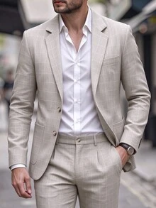 Manfinity Bizformal 男士老錢風米色西裝外套與長褲套裝，商務休閒正式穿著，適合派對、婚禮及日常通勤 - 杏色 - 查看 1