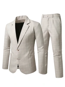 Manfinity Bizformal 男士老錢風米色西裝外套與長褲套裝，商務休閒正式穿著，適合派對、婚禮及日常通勤 - 杏色 - 查看 5