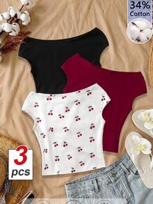 SHEIN Tween Girls 3pcs Vacation Tight Off Shoulder Multicolor T-Shirts, Summer, Casual, Outfit, Comfortable, Daily, Minimalist, Back To School - Multicolor - View 1