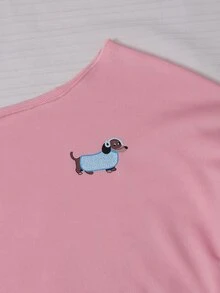 SHEIN Tween Girls Fall Winter Cute Dachshund Graphic Off Shoulder Sweatshirt, Contrast White Strap, Long Sleeve Irregular Hem Casual Cropped Top - Pink - View 4