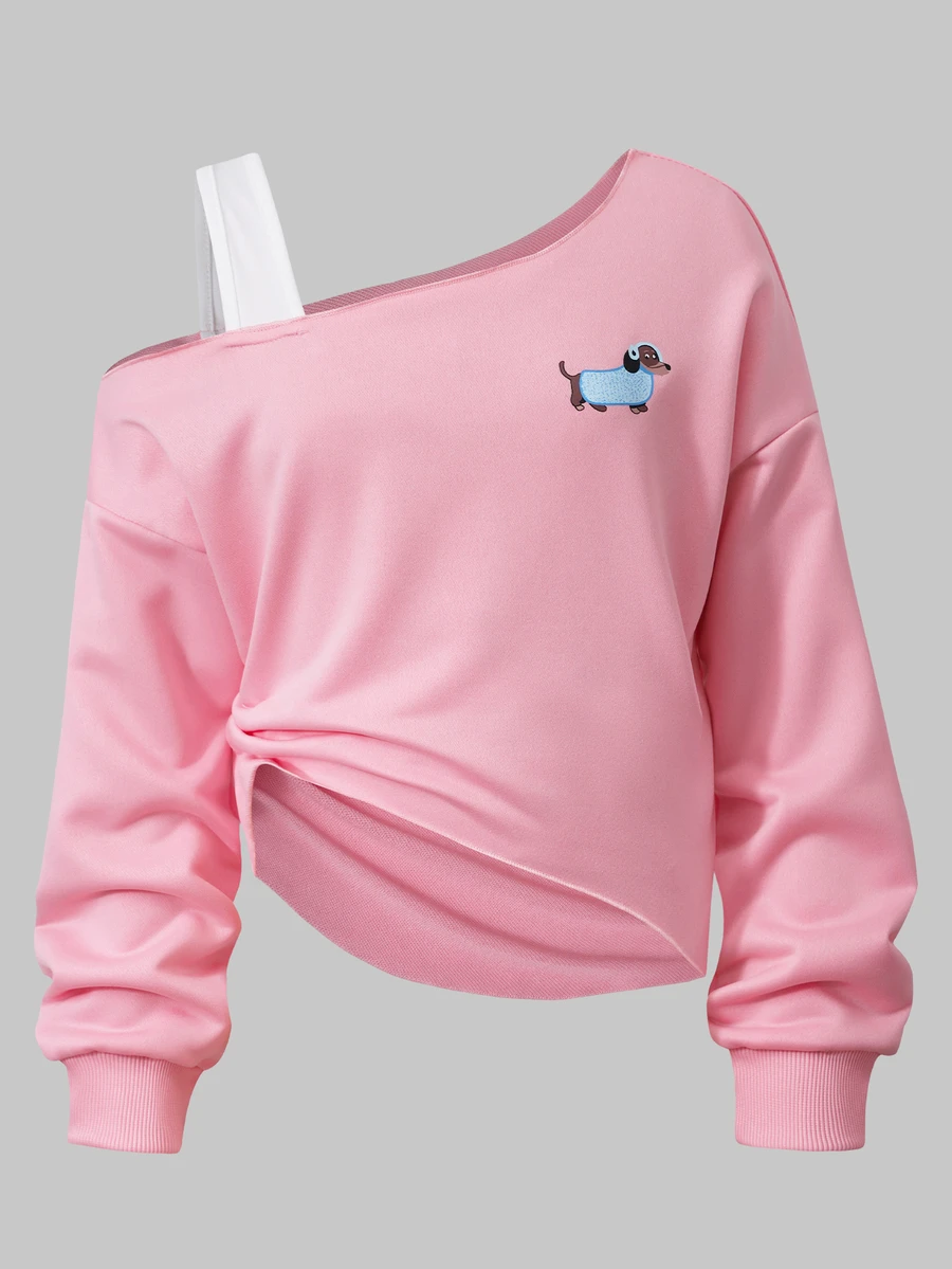 SHEIN Tween Girls Fall Winter Cute Dachshund Graphic Off Shoulder Sweatshirt, Contrast White Strap, Long Sleeve Irregular Hem Casual Cropped Top - Pink - View 1