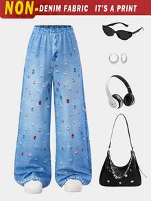 SHEIN Tween Girl Elastic Waist Patchwork Casual Cute Hip Hop Versatile Everyday Long Pants School Light Blue Autumn - Blue - View 4