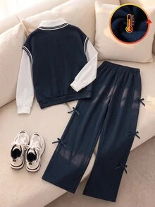 SHEIN Tween Girls Preppy V Neck Polo Collar Sweatshirt And Bow Baggy Sweatpants Set, Casual School 2 Piece Outfits - Blue - View 2